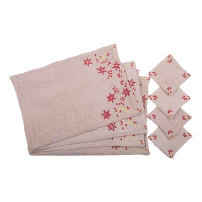 Set Of 4 Table Placemat And Set Of Coasters With Red Colour Chikankari Embroidery
