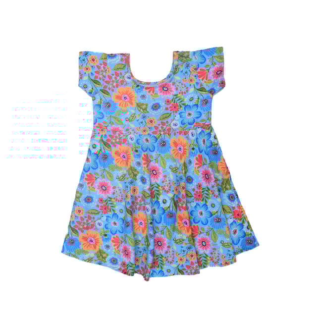 Blue Floral Print Fit And Flare Girls Dress