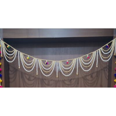 Traditional Golden & White Coloured Pearl Beads Handmade Door Hanging | Bandhanwar | Toran for Door, 40" Inch Length