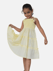 Light Yellow Solid Smocked Shoulder Tie Up Dress