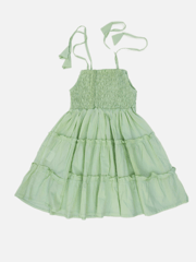 Light Green Solid Smocked Shoulder Tie Up Dress