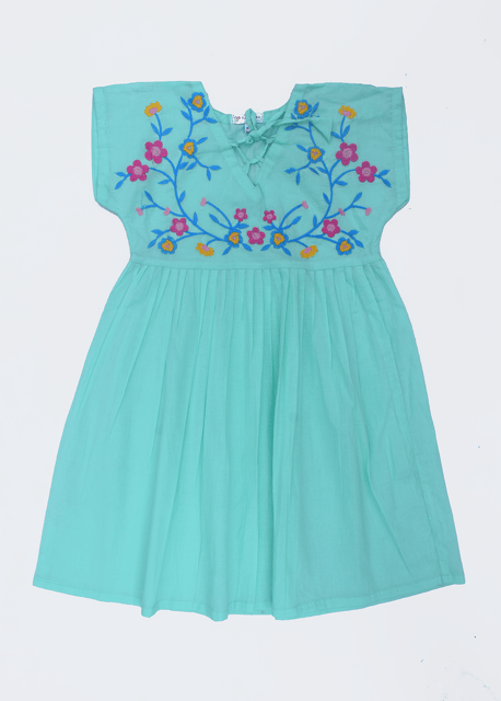 Turquoise Blue Embroidered Dress For Girls