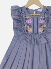 Grey Embroidered Dress With Ruffle Neck