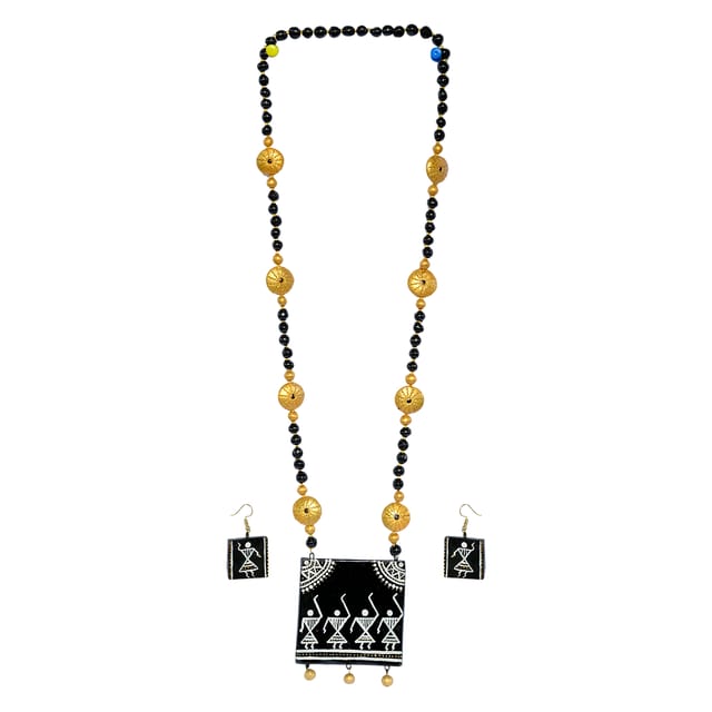 Black & White Warly printed long Necklace Set