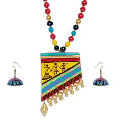 MULTI COLOURED WORLI DESIGN NECKLACE WITH JHUMKA