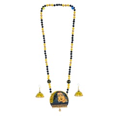 YELLOW WOMEN TERRACOTA NECKLACE SET WITH FLORAL JHUMKA