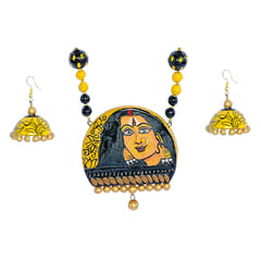 YELLOW WOMEN TERRACOTA NECKLACE SET WITH FLORAL JHUMKA