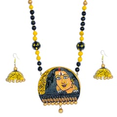 YELLOW WOMEN TERRACOTA NECKLACE SET WITH FLORAL JHUMKA