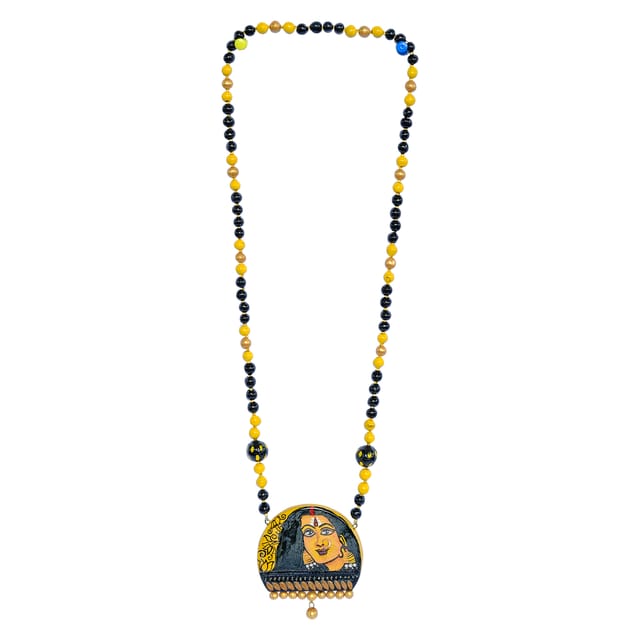 YELLOW WOMEN TERRACOTA NECKLACE SET WITH FLORAL JHUMKA