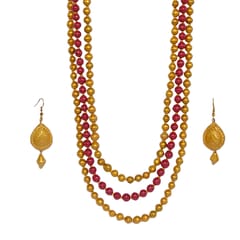 Red And Golden Three Layered Beads Necklace Set