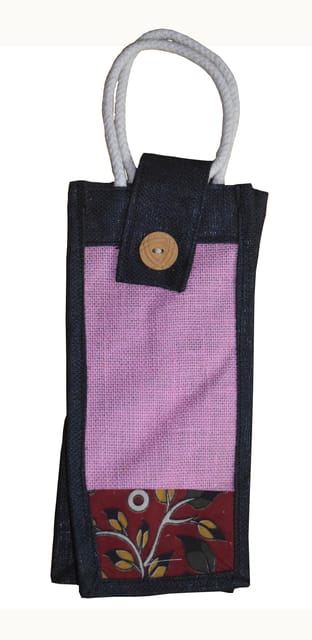 Pink Jute Water Bottle Bag With Kalamkari JL32
