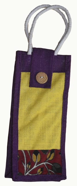 Yellow Jute Water Bottle Bag  With Kalamkari JL31