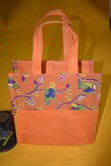 Orange Jute With Green Kalamkari Patch Bag JL42