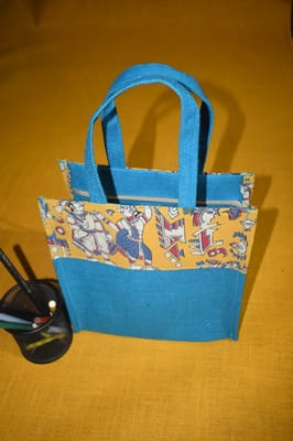 Blue Jute With Yellow Kalamkari Patch Bag JL 41