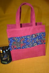 Pink Jute With Blue Kalamkari Patch Bag JL43