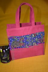 Pink Jute With Blue Kalamkari Patch Bag JL43
