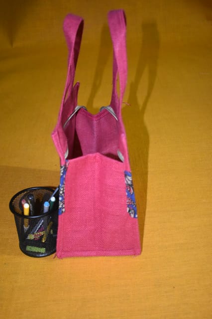 Pink Jute With Blue Kalamkari Patch Bag JL43