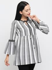 Tisser  Black & white stripes  cotton short top with warli hand paint