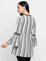 Tisser  Black & white stripes  cotton short top with warli hand paint