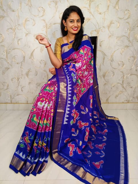 Pochampally Silk Saree | Dark pink| Dark Blue Border