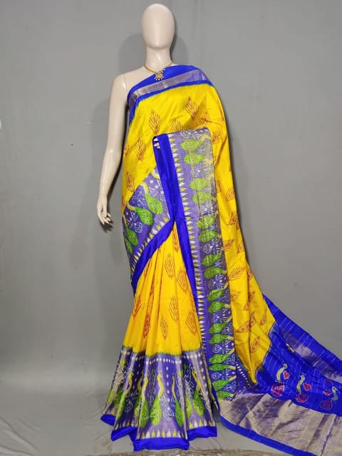 Pochampally Silk Saree | Yellow Colour | Blue Border