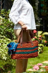 KADAM HAAT Handmade Sabai Grass Shopper Bag With Leather Handle | Stylish Eco-Friendly Multipurpose Folding Babui Shopping Bag for Women | Suitable for Travel or Work
