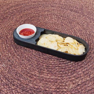 Kadam Haat Handmade Bamboo Chip & Dip Snacks Tray | Tray with Bowl, Ideal for Serving Snacks & Platter with Sauce | Starters, Nashta, Buffet - Unique Design Dishes for Home Restaurant (Black, Indigo,& Green)