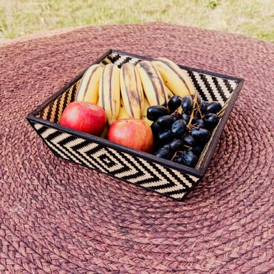 Kadam Haat Bamboo Square Fruit Storage Basket with Lid | Food Safe, Non Plastic | Handcrafted Woven Storage Planter Basket for Home Decor, Multi-Purpose for Living Room & Kitchen