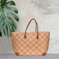 kadam Haat Handmade Sitalpati Basket Bag With Leather Handle