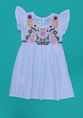 White floral Embroidered Dress For Girls