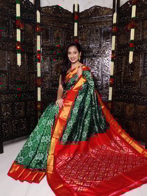 Pochampally Twill Silk Saree |  Green Colour | Red Border