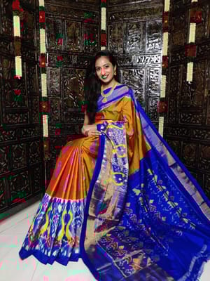 Pochampally Silk Saree | Orange Colour | Blue Border