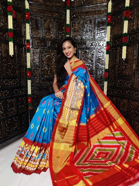 Pochampally Silk Saree | Blue Colour | Red Border