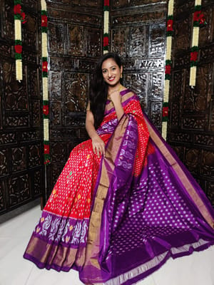 Pochampally Silk Saree | Red Colour | Violet Border