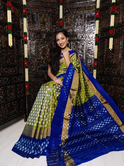 Pochampally Silk Saree | Green Colour | Blue Border