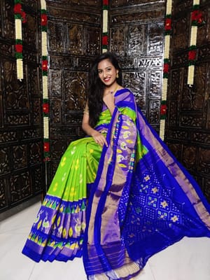 Pochampally Silk Saree | Green Colour | Blue Border