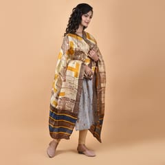 3stones | Handwoven | Hand Block | Pure Silk | Dupatta | Silk Mark | Yellow and Brown | GCA7