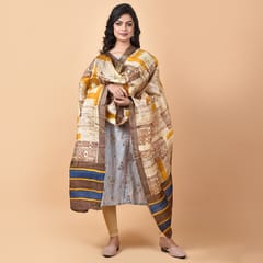 3stones | Handwoven | Hand Block | Pure Silk | Dupatta | Silk Mark | Yellow and Brown | GCA7