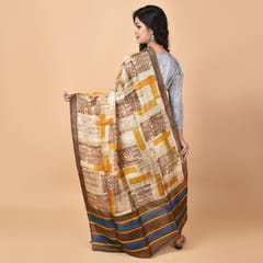 3stones | Handwoven | Hand Block | Pure Silk | Dupatta | Silk Mark | Yellow and Brown | GCA7