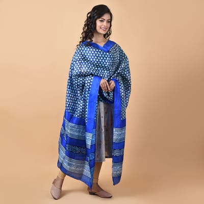 3stones | Handwoven | Hand Block | Pure Silk | Dupatta | Silk Mark | Blue | GCA1