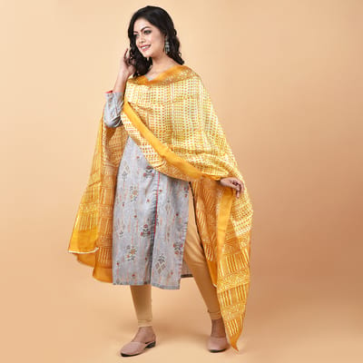 3stones | Handwoven | Hand Block | Pure Silk | Dupatta | Silk Mark | Yellow | GCA3