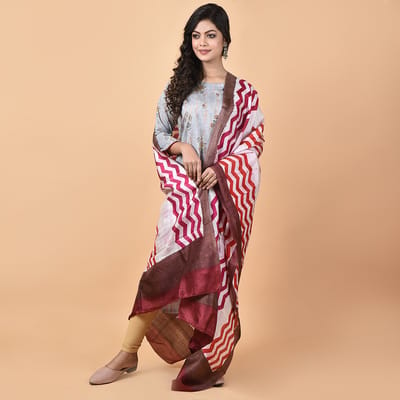 3stones | Handwoven | Hand Block | Pure Silk | Dupatta | Silk Mark | Stripes on White | GCA8