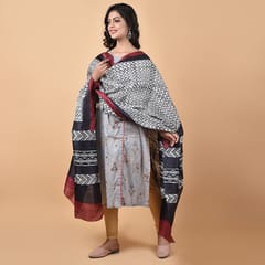 3stones | Handwoven | Hand Block | Pure Silk | Dupatta | Silk Mark | Black and White | GCA9