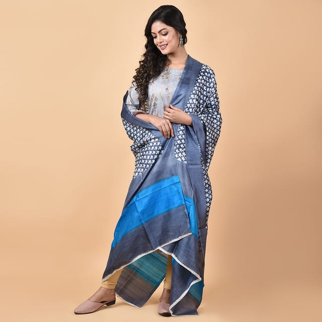 3stones | Handwoven | Hand Block | Pure Silk | Dupatta | Silk Mark | Grey and Blue | GCA10