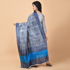 3stones | Handwoven | Hand Block | Pure Silk | Dupatta | Silk Mark | Grey and Blue | GCA10