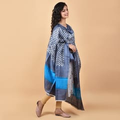 3stones | Handwoven | Hand Block | Pure Silk | Dupatta | Silk Mark | Grey and Blue | GCA10