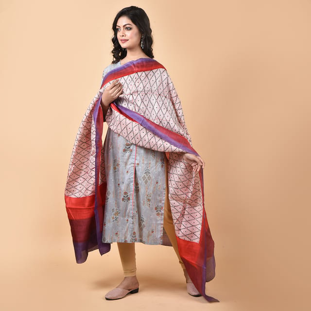 3stones | Handwoven | Hand Block | Pure Silk | Dupatta | Silk Mark | Red and White | GCA11