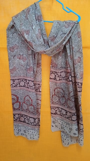 Red Kalamkari Vegetable Dry Hand Block Printing Cotton Dupatta -001