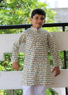 Handblock animal print cotton Kurta for boys