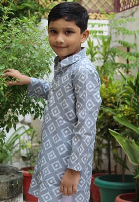 Grey print cotton Kurta for boys